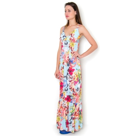 VESTIDO LONGO FLORAL HIBISCO RECORTES BUSTO - AZUL CLARO VESTIDO LONGO FLORAL HIBISCO RECORTES BUSTO - AZUL CLARO