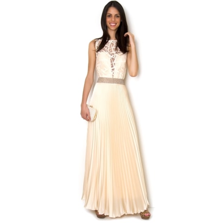 VESTIDO LONGO ORGANZA SAIA PLISSADA CETIM - NUDE