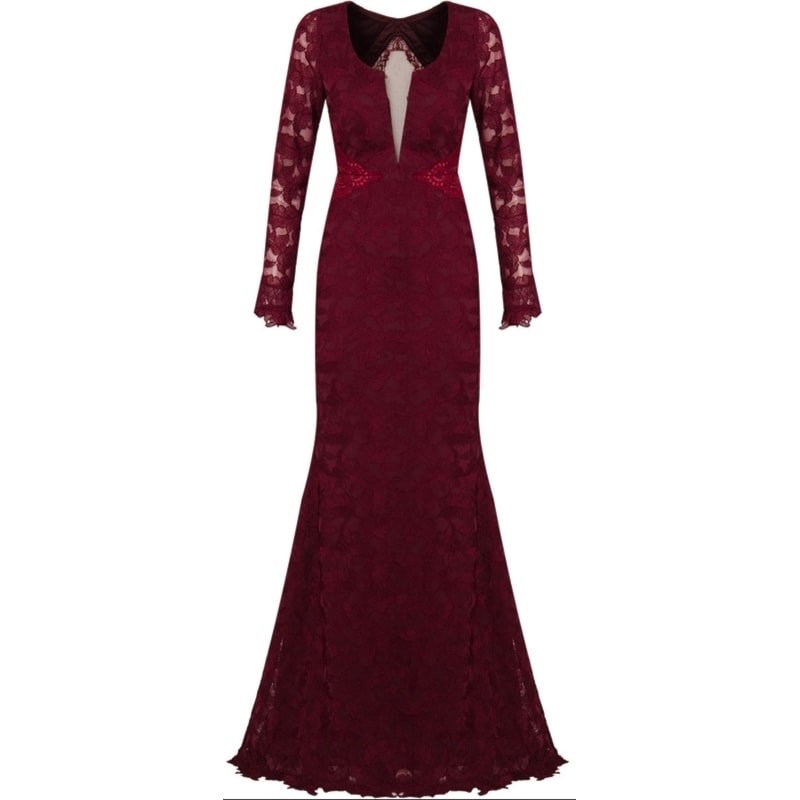 VESTIDO LONGO RENDA M/L COM RECORTES - BORDÔ