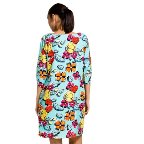 VESTIDO LUCIDEZ FLORAL COM MANGAS VAZADAS - AZUL TIFFANY