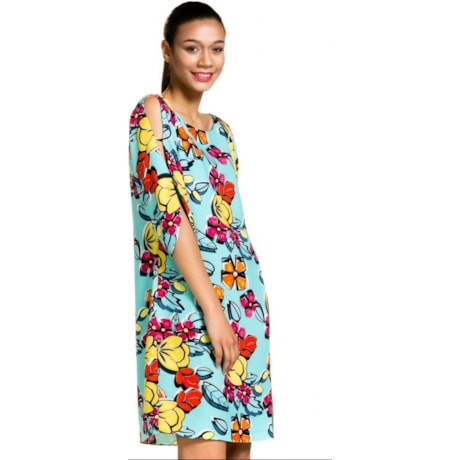 VESTIDO LUCIDEZ FLORAL COM MANGAS VAZADAS - AZUL TIFFANY