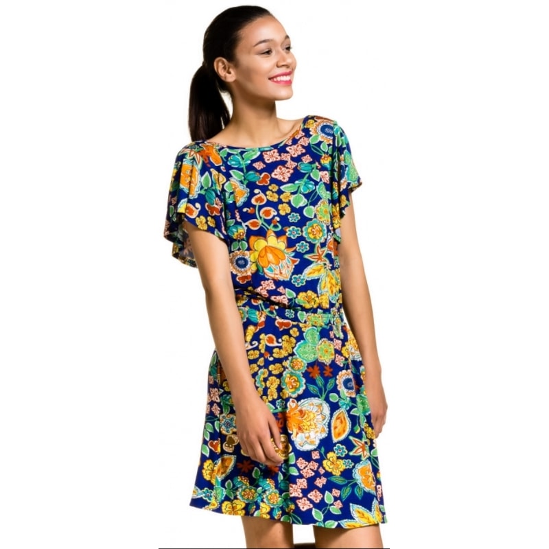 VESTIDO MALHA CURTO CANTÃO  ESTAMPA AMARENA - AZUL