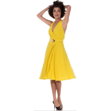 VESTIDO MIDI FRENTE ÚNICA ALPHORRIA TRANSPASSE DRAPEADO COM CINTO - AMARELO