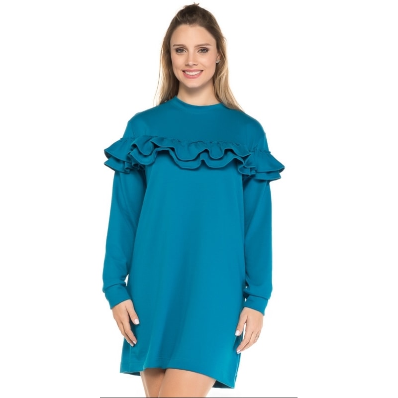VESTIDO MOLETON WALK TREND DETALHE BABADOS - TURQUESA