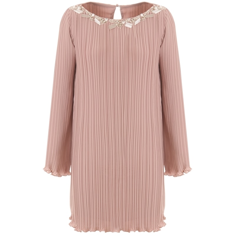 VESTIDO PLISSADO COM BORDADO NO DECOTE - ROSÊ