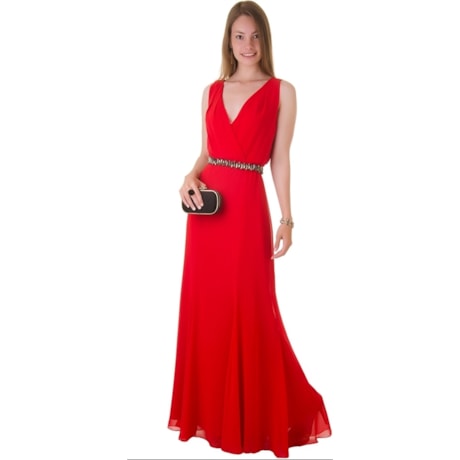 VESTIDO SHIFFON CINTO BORDADO SALTY RAGE - VERMELHO