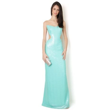 VESTIDO TUBO PAETÊ RECORTES EM TULE - TURQUESA