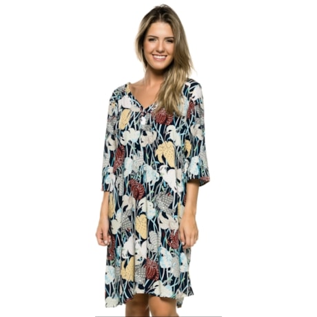 VESTIDO TÚNICA MOÇA BONITA ESTAMPA  FLORAL GRÁFICO DECOTE V COM MANGA - AZUL VESTIDO TÚNICA MOÇA BONITA ESTAMPA  FLORAL GRÁFICO DECOTE V COM MANGA - AZUL