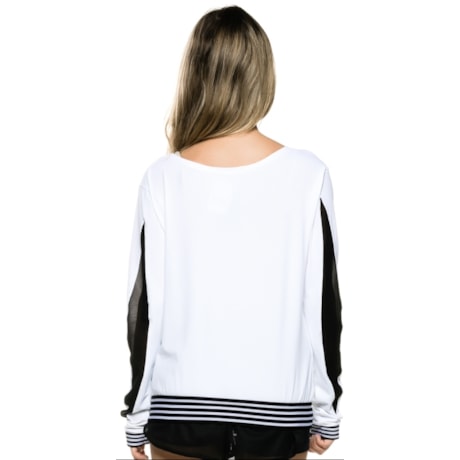 WALK TRENDY - BLUSA BICOLOR MANGA LONGA DETALHE TULE - BRANCO
