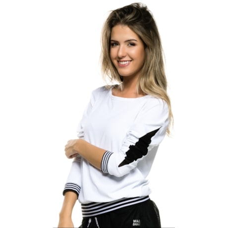 WALK TRENDY - BLUSA BICOLOR MANGA LONGA DETALHE TULE - BRANCO