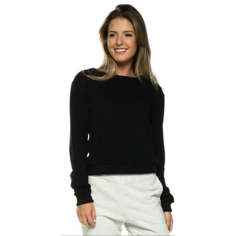 WALK TRENDY - BLUSA MOLETOM CROPP MANGAS LONGAS - PRETO